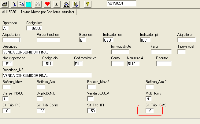 38 2) Para as situações tributárias específicas do SIMPLES NACIONAL, deve-se cadastrar os CST-ICMS ( CODIGO DE SITUAÇÃO TRIBUTÁRIA) com a seguinte correspondência: Tela do