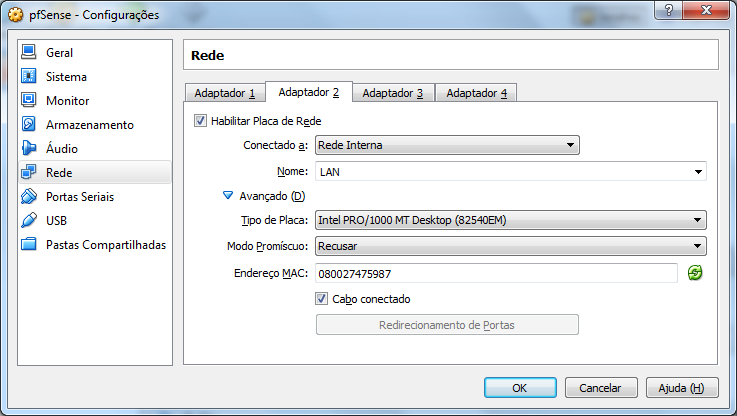 Páginas: 9 de 99 10. Habilitamos o Adaptador 2 e configuramos como sendo uma rede interna entre o servidor pfsense e o host Win_XP1.