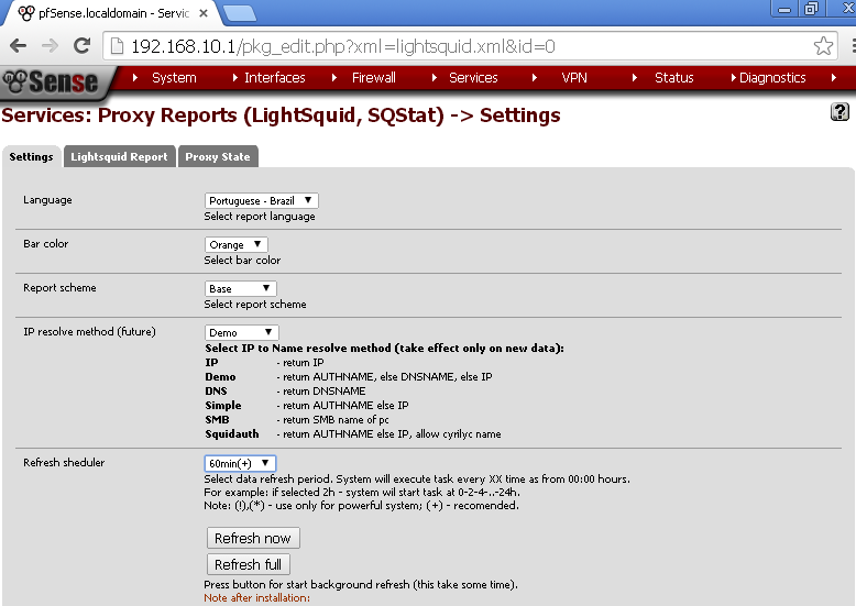 Páginas: 91 de 99 39. Clique em Status -> Proxy report para configurar a geração dos relatórios. 40.