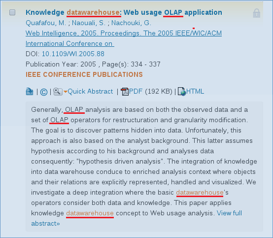 Figura 10: Exemplo de um artigo analisado. Este artigo, como visto na tabela 2, apresentou 2 dos 5 termos da hierarquia da ontologia. Neste caso apresentou os termos OLAP e Datawarehouse.