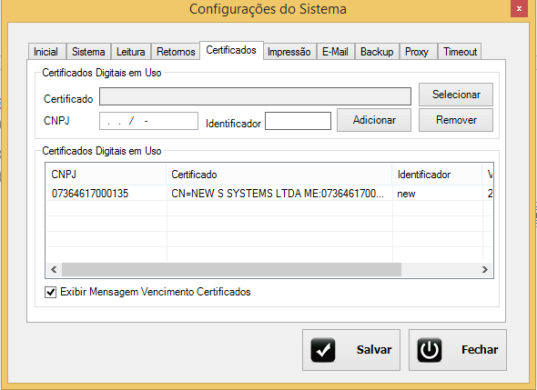 Figura 7 Aba Certificados 1.6 Aba Impressão Utilize este tela para informar a configuração padrão, que o emissor deverá utilizar para gerar a impressão do Danfe.