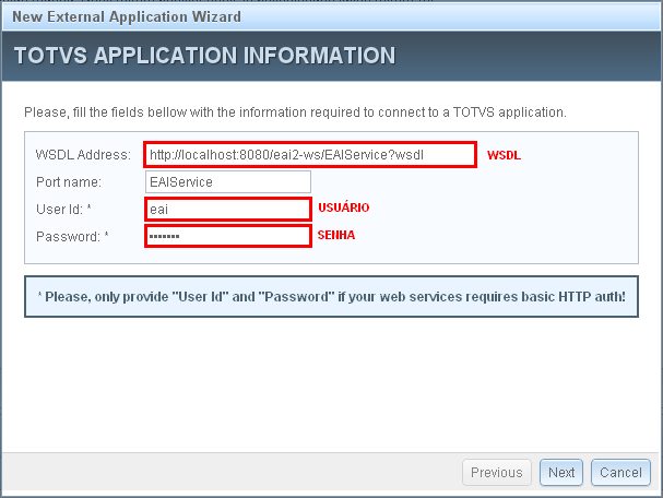 Para acessar o WSDL do EAI 2 do Datasul 11, deve-se utilizar a seguinte URL: http://<servidor-datasul-11>:<portadatasul-11>/eai2-ws/eaiservice?wsdl. 6.1. Segurança Para realizar integração com o Datasul 11, é necessário autenticar no EAI 2 (autenticação HTTP Basic).