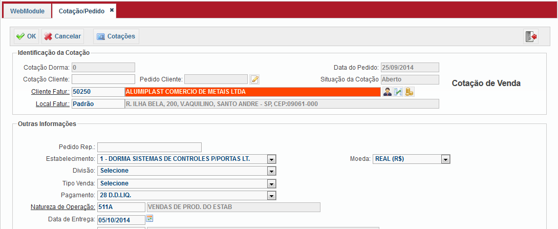 Manual do Representante 12 Cabeçalho da Cotação/Pedido de Venda Clique no Link para abrir a pesquisa de clientes Cotação Cliente: Número da Cotação (Pedido) do Cliente, caso não informe será gerado a