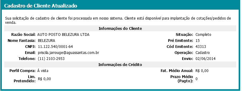 Manual do Representante 42 Cadastro de Cliente Aprovados Cadastros aprovados disparam e-mail com os dados do cliente (por exemplo: código e nome abreviado).