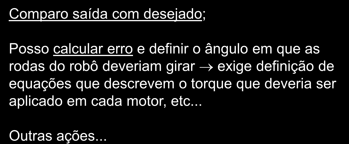 Problema de Controle: Seguir uma pista já demarcada: Comparo saída com desejado; Posso calcular erro e definir o ângulo em que as rodas do