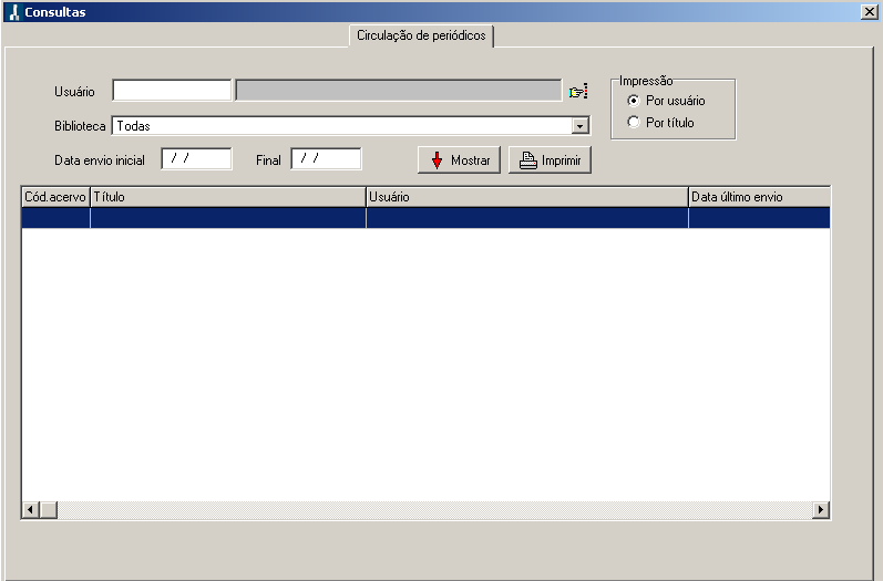 1.24 Consulta Circulação de Periódicos Esta guia permite gerar relatórios dos títulos que possuem listas para circulação ou de títulos que determinado usuário recebe.