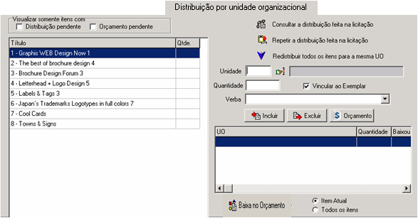 4.1.3.5 Recebimento DISTRIBUIÇÃO POR UNIDADE ORGANIZACIONAL Esta pasta possibilita vincular título(s) a Unidade Organizacional.