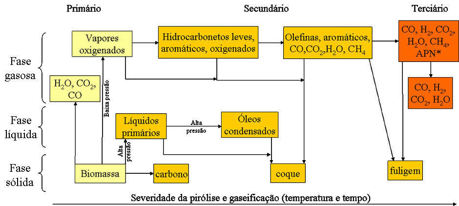 Revisão da Literatura 16 Biomassa + calor + vapor + ar H 2 + CO + CO 2 + CH 4 + HC + carvão (2.