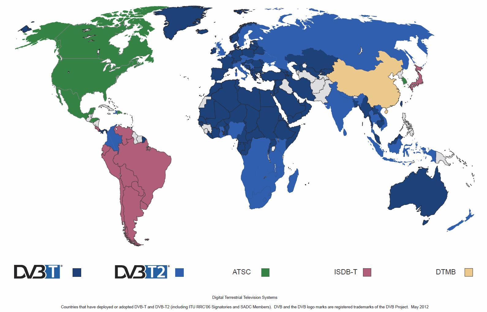 SISTEMAS DE TELEVISÃO DIGITAL TERRESTRE (TDT) ADOPÇÃO DOS VÁRIOS SISTEMAS Source: DVB Digital Terrestrial Television Systems Countries that have deployed or