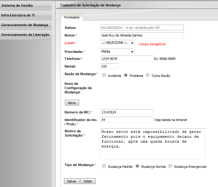 Figura 10. Tela de Requisição de Mudança do Sistema com validação de tela. 6.