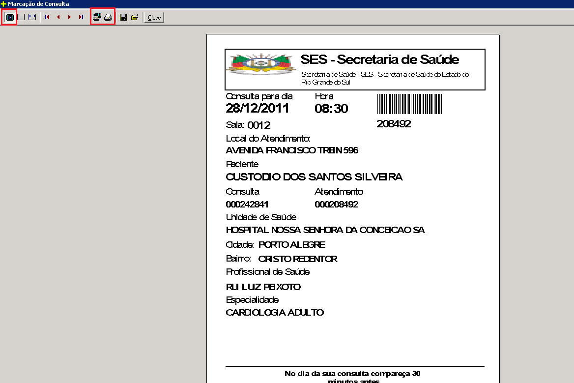33 Após clicar duas vezes no nome do paciente, abrirá a tela de solicitação de consulta, então é necessário clicar em IMPRIMIR CUPOM conforme