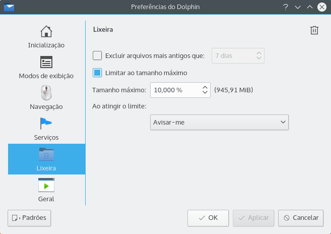 Configurações da página Lixeira na caixa de diálogo Preferências do Dolphin. Os arquivos anteriores a um determinado número de dias poderão ser excluídos automaticamente.