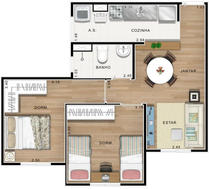 APARTAMENTO 2 DORM 50 m² VIVA VISTA Encanto 3 2 1. Living e Jantar integrados; 2.
