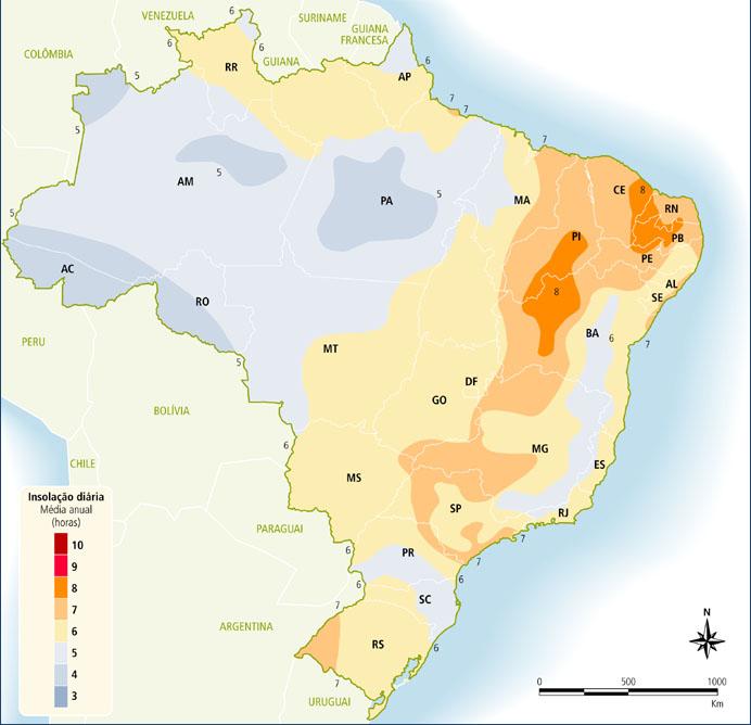 FIGURA 2: Média anual de insolação diária no Brasil (horas) ANEEL, 2005 Insolação (horas) Fonte: ANEEL 2005 - adaptado: ATLAS