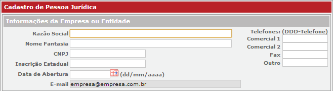 3. CADASTRO DE PESSOA JURÍDICA 3.1. Informações da Empresa ou Entidade Após a seleção da opção de Cadastrar Pessoa Jurídica, conforme demonstrado na Figura 2.