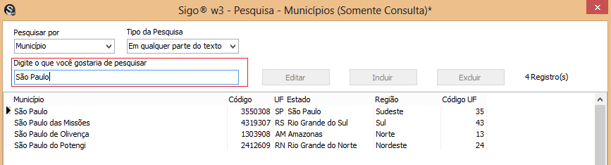 Natural de: Informe o município de nascimento deste colaborador, para tal, clique no botão pesquisar (localizado ao lado do campo em questão): Uma janela de pesquisa será exibida, bastando inserir o