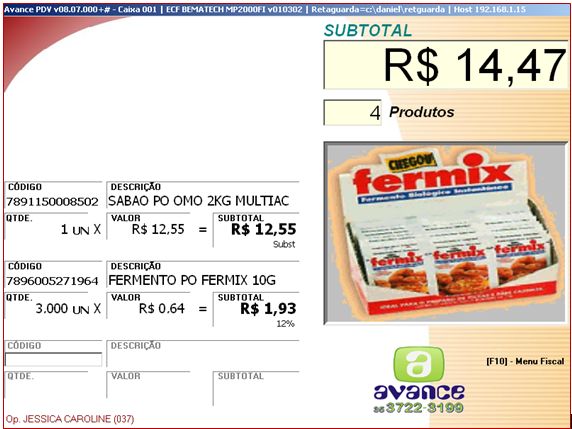 Figura 4 - Relação de itens na tela. 4- Cancelando um registro de venda qualquer, ou simplesmente consultando todos dos itens já inseridos no cupom fiscal.