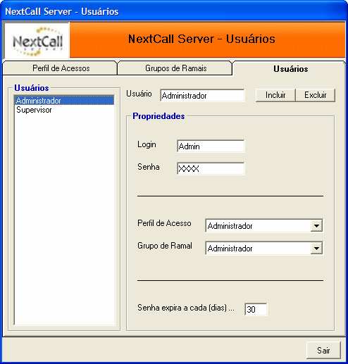 3 Módulo de Configuração e Cadastro de Usuários O módulo de configuração do NextCall Server permite identificar e definir o modo de operação cada linha conectada a interface digital de gravação.