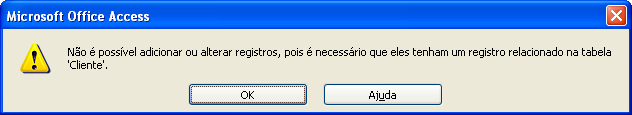 dados (afinal a regra diz que é possível ter valor nulo no campo chave estrangeira), veja então a mensagem de erro que surge.