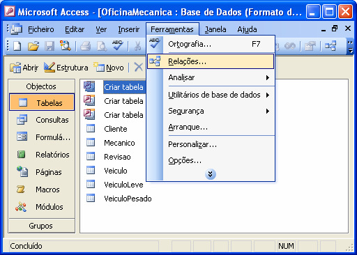 Surge a área de relacionamentos juntamente com uma caixa de diálogo que disponibiliza todas as tabelas do banco de dados conforme Figura 8 a seguir.