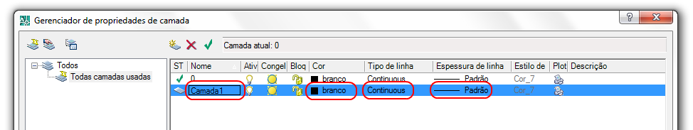 Configurando o estilo de Camada (Layer) no AutoCAD 2007 1 - Inicialmente, na Barra de Camadas clique no ícone (Gerenciador de Propriedades da Camada), para configurar o estilo de camada: 2 - Na caixa