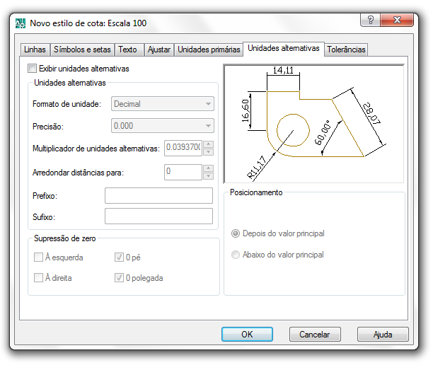 a) A opção Fator de Escala define um fator de escala para medições de cota linear. É recomendado que você não altere este valor do valor pré-definido 1.00.