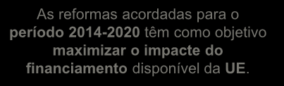 milhões EUR 67,5% 32,5% As reformas acordadas para o período 2014-2020 têm como objetivo maximizar o impacte