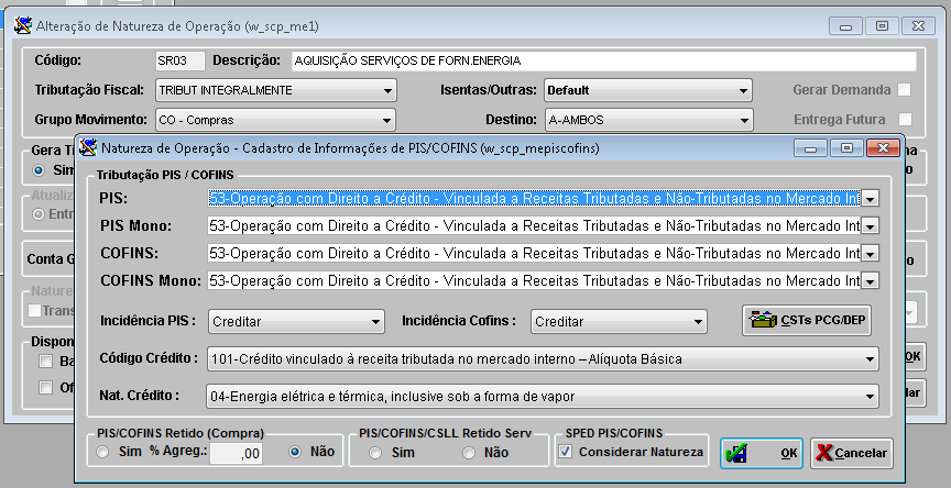 9 AQUISIÇÃO DE ENERGIA ELÉTRICA Figura 14: Configuração para Aquisição de Energia Elétrica. Importante: As notas de Energia Elétrica devem ser informadas como PRODUTO.