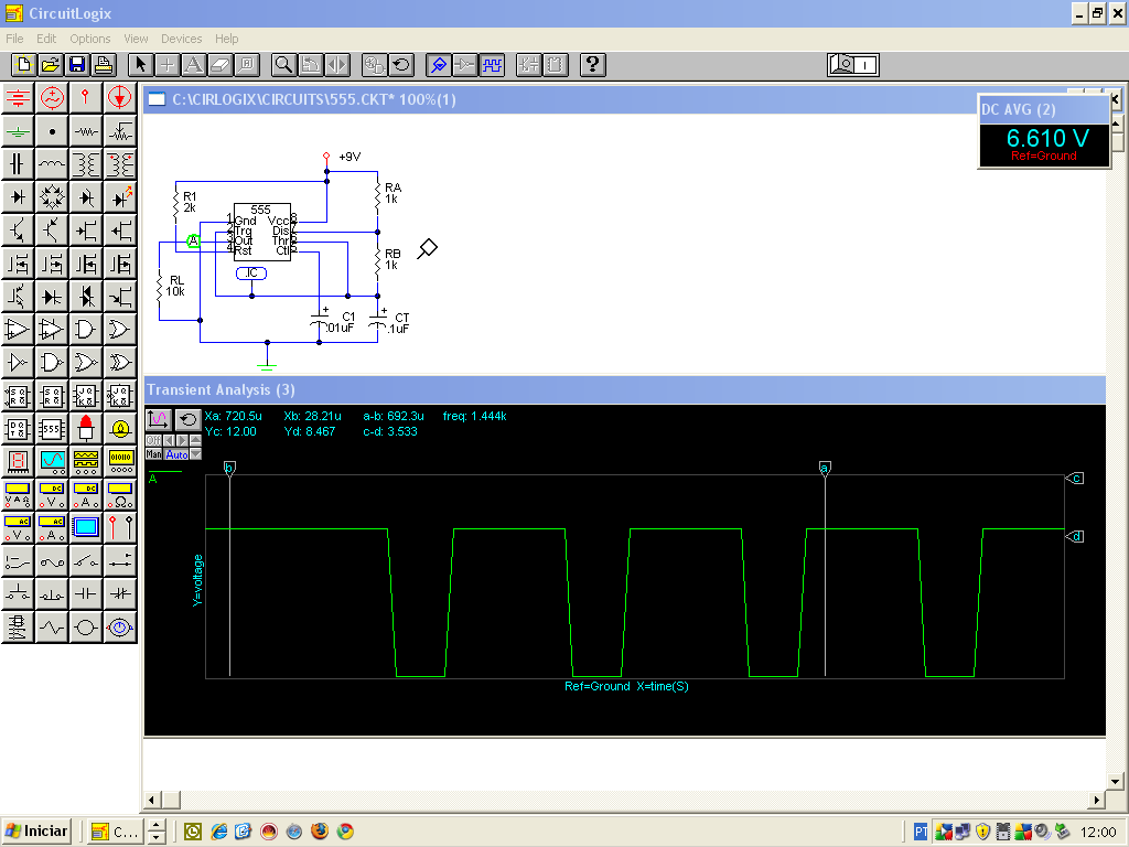 Você vê a seta do mouse indicando a pasta 555 que deve ser aberta. Clicando aí se abre a janela do circuito que vemos na Figura 12.2. Nessa figura vemos um circuito 555 em modo astável ou oscilador.