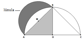53 A superfície limitada pelos dois arcos de circunferência AB (superfície cinzenta escura) da figura abaixo chama-se Lúnula de Hipócrates.