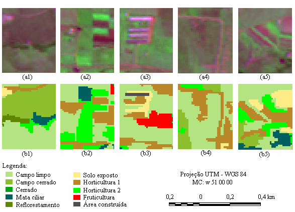 Figura 6.12 Amostras da imagem multiespectral do SPOT-5 (a1 a a5) e respectivas amostras do mapa temático (b1 a b5).