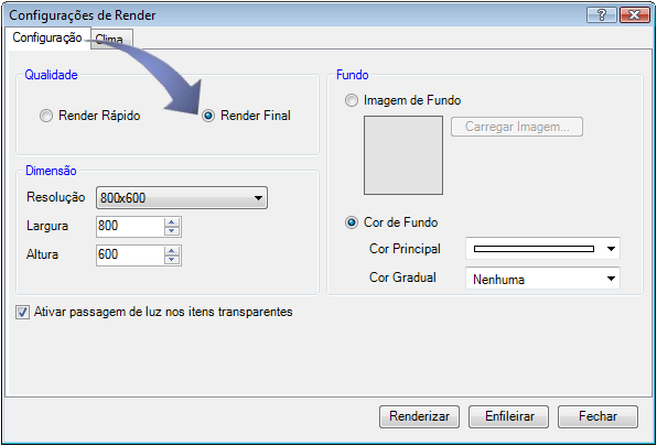 8. Qualidade Quando desejar obter melhores resultados na qualidade e nos efeitos de iluminação, utilize a qualidade Final para a renderização de seus projetos.