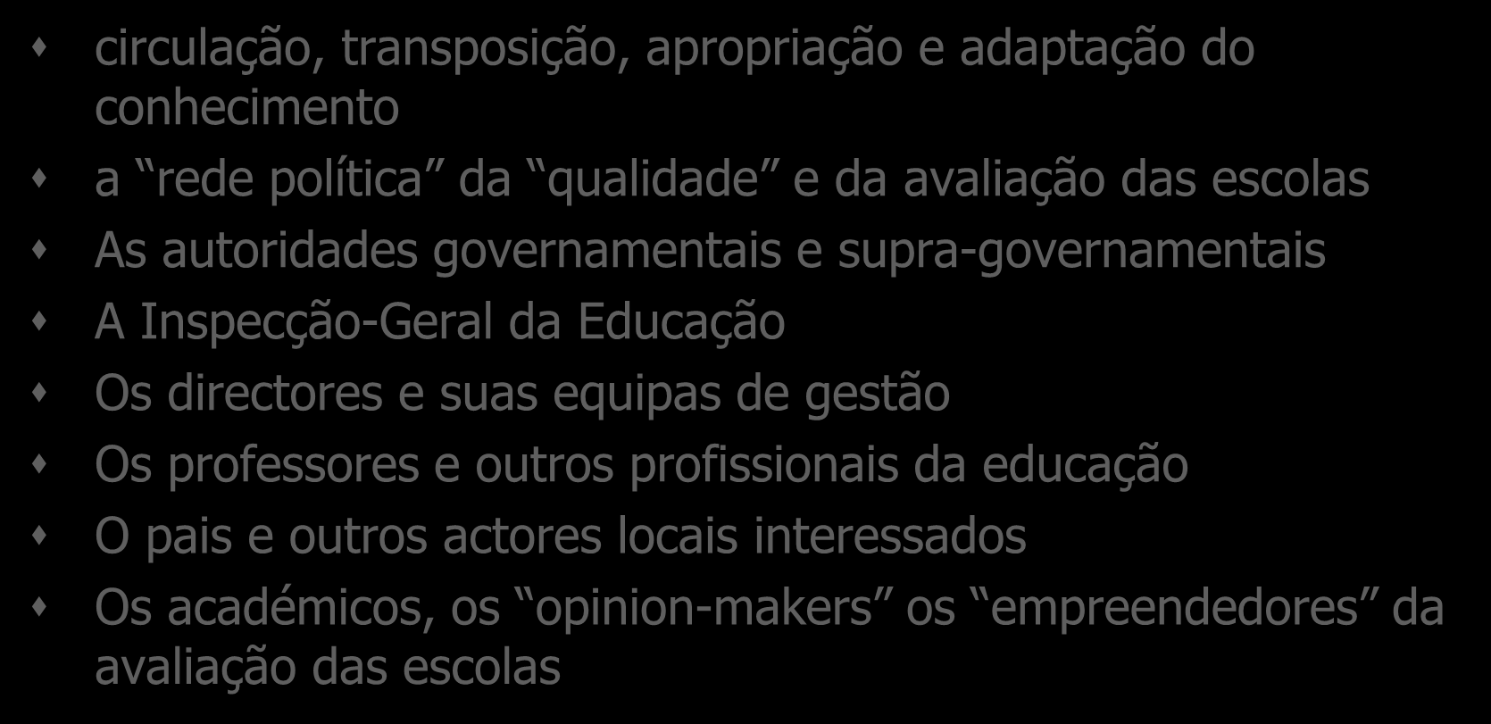 Instâncias, actores e plasticidade das políticas de combate à ineficácia das escolas circulação, transposição, apropriação e adaptação do conhecimento a rede política da qualidade e da avaliação das