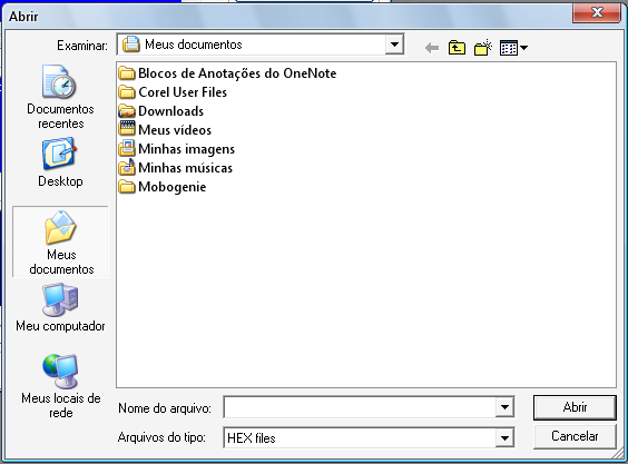 Depois de configurada a porta clique no botão Connect e pressione, logo em seguida, a chave CH1 do seu módulo. Assim que estiver conectado o módulo ao microcomputador clique na opção Open Hex File.