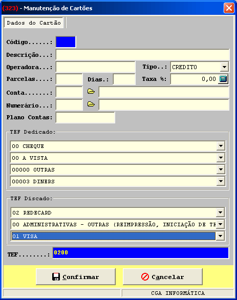 50 Incluir Tela 323 Para cadastrar um cartão digite a descrição, a operadora, escolha o tipo, o número de parcelas, dias negociados para recebimento, a taxa de desconto, os detalhes da conta