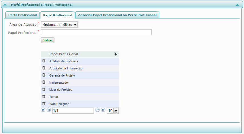 Profissional cadastra informações dos perfis profissionais estabelecidos no contrato, os papeis profissionais possíveis para execução do projeto e a associação entre o papel profissional e o perfil