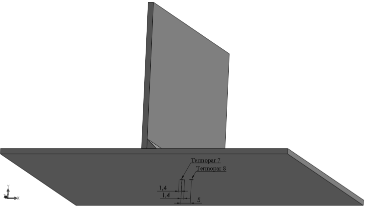 11 Identificação e posicionamento em mm dos termopares na peça O posicionamento dos termopares 3, 4, 7 e 8 buscou maior proximidade da fonte de calor (filete de solda), os demais foram fixados em