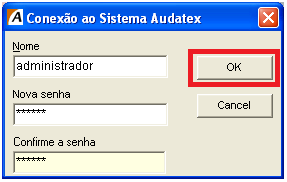 4. Ao aparecer à tela Conexão ao Sistema Audatex, digite a palavra Administrador no campo Nome e deixe o campo Senha em branco. Clique em OK. 5.