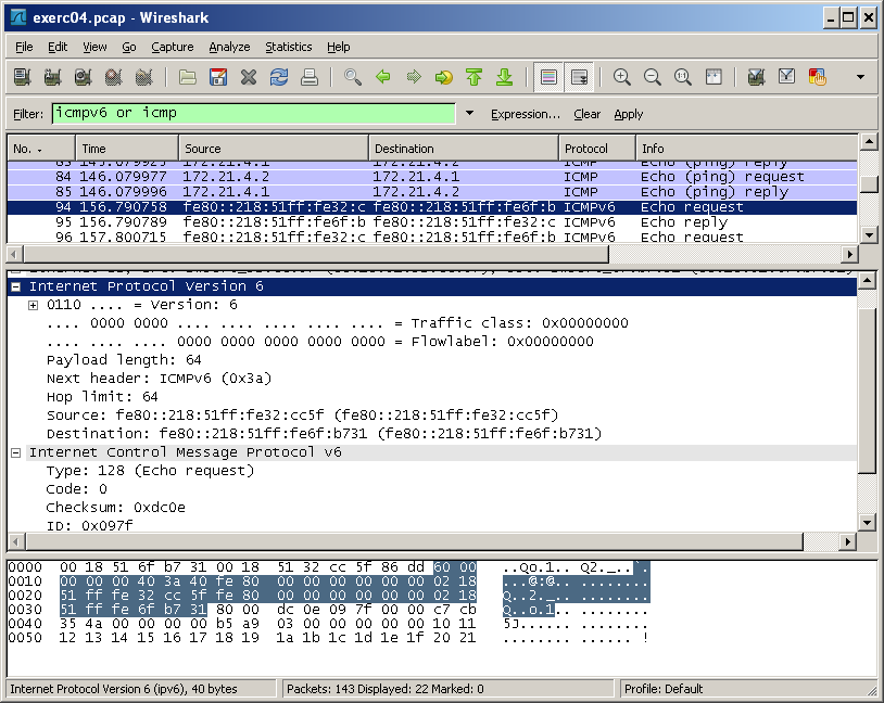 Abra o arquivo no Wireshark, em seu notebook. Você pode utilizar o seguinte filtro, para facilitar a visualização: icmp or icmpv6 Compare os pacotes IPv4 e IPv6.