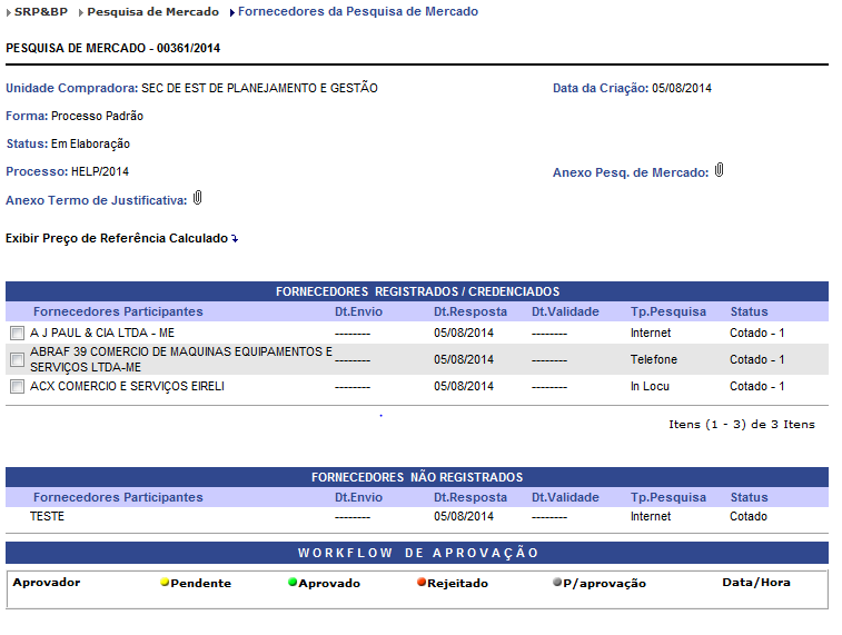 Envio da Pesquisa de Mercado para aprovação (Dependendo da Unidade): Passo 8: Clicar no botão P/APROVAÇÃO do Workflow de Aprovação.