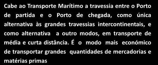 É o modo mais económico de transportar grandes quantidades de mercadorias e matérias primas 90% Da totalidade dos bens são transportados por mar Custo de