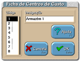 Ao premir o botão Editar aparece a seguinte janela, que permite definir os centros de custo e seu respectivo código. Código Código numérico que identifica o armazém.