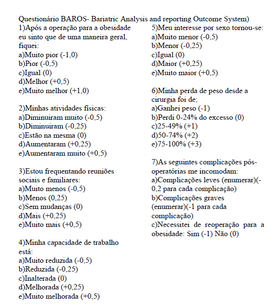 71 Questionário BAROS Escore Complicações: Maior: reduz 1,0 Menor: reduz 0.