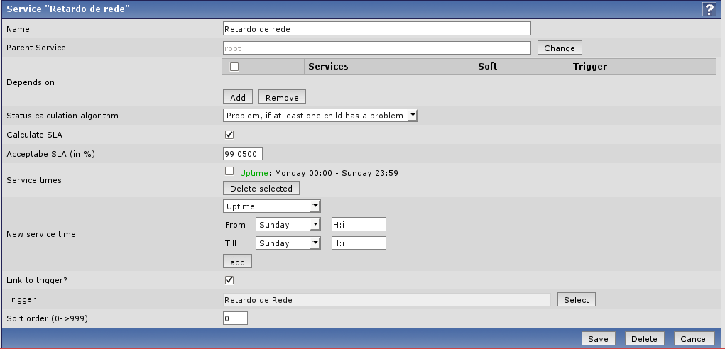 2.2.4 SLA Iremos criar os IT Services para calcular a qualidade dos serviços monitorados. Para isto iremos na aba Configuration -> IT Services clicamos em root e adicionamos o serviço.