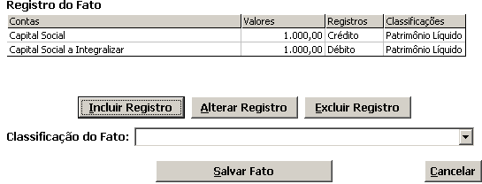 Clique em Incluir Registro Selecione a conta para o registro do fato Informe o valor Indique o registro (D ou C) Classifique a conta (Ativo, Passivo ou Patrimônio Líquido) Clique em OK