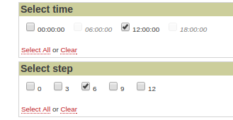 Embaixo da lista de meses temos as opções select time e time step. É importante prestar atenção ao selecionar essas opções: Select time - O ECMWF assimila os dados quatro vezes ao dia.