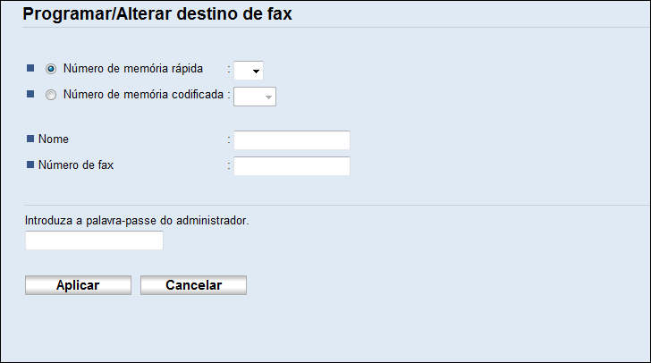 Registar Destinos de Fax É possível especificar uma palavra-passe para aceder ao menu [Livro endereços] em [Bloqueio ferramentas admin.]. Registar destinos de fax utilizando o Web Image Monitor 1.