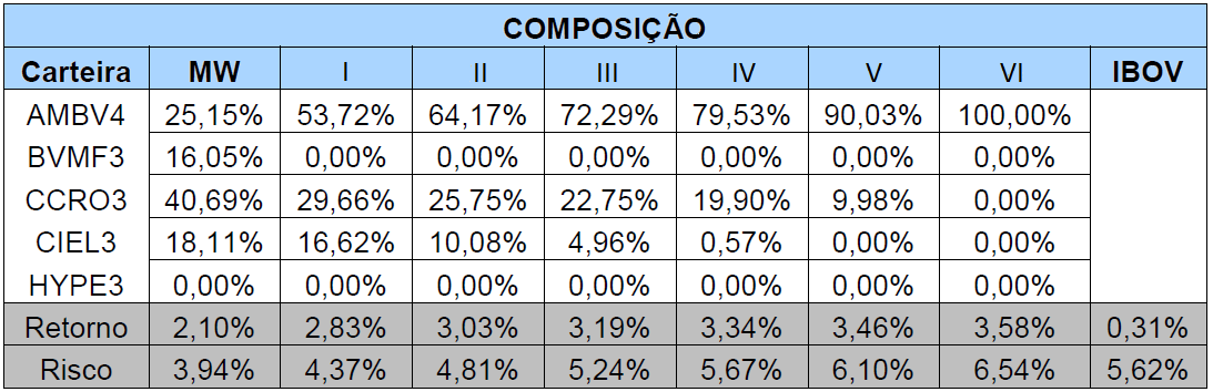 referente o período de Julho de 2010 a Junho de 2013. Nela podemos observar que todos os ativos individualmente, possuem o risco (desvio padrão) acima da média de mercado.