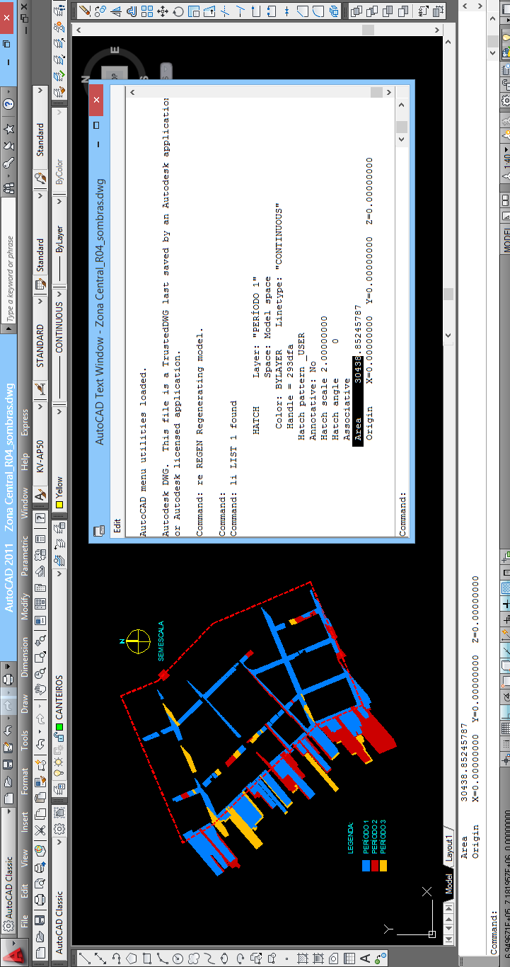 124 Figura 57 - Cálculo das áreas de sombra no software Auto CAD Fonte: Autoria Própria (2014) As hachuras desenhadas estão com as mesmas cores utilizadas na simulação 3D: azul para período 1,