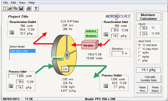 além disso, a quantidade de calor necessária para a regeneração da roda. A interface do software é mostrada na figura 5.7. Figura 5.7 Interface do software da roda dessecante da Rotor Source. 5.1.